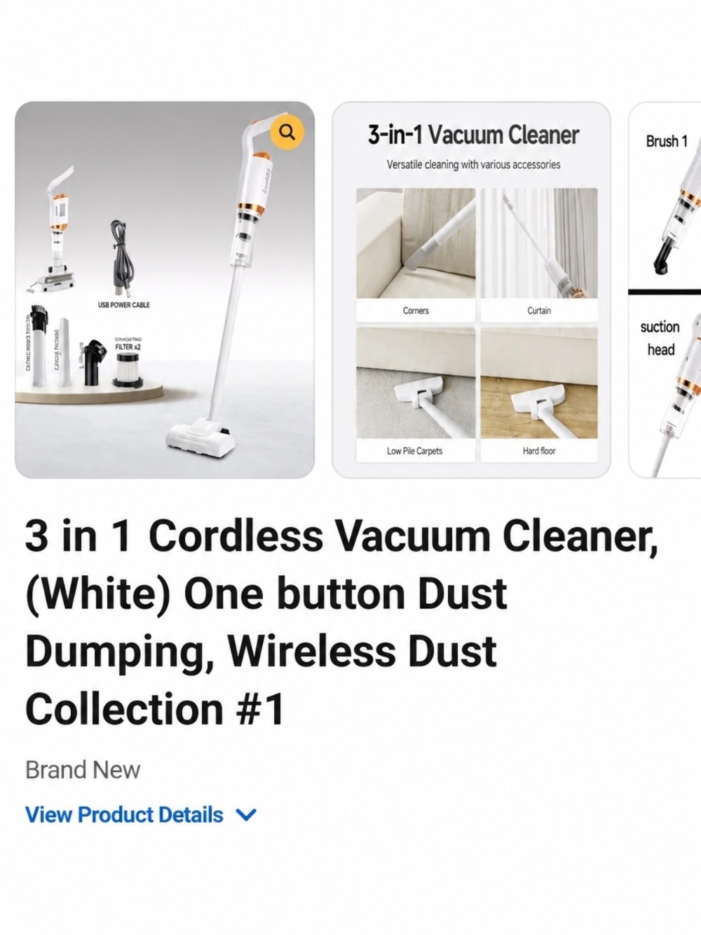 3-in-1 Cordless Stick Vacuum Cleaner - White with Rose Gold Accents